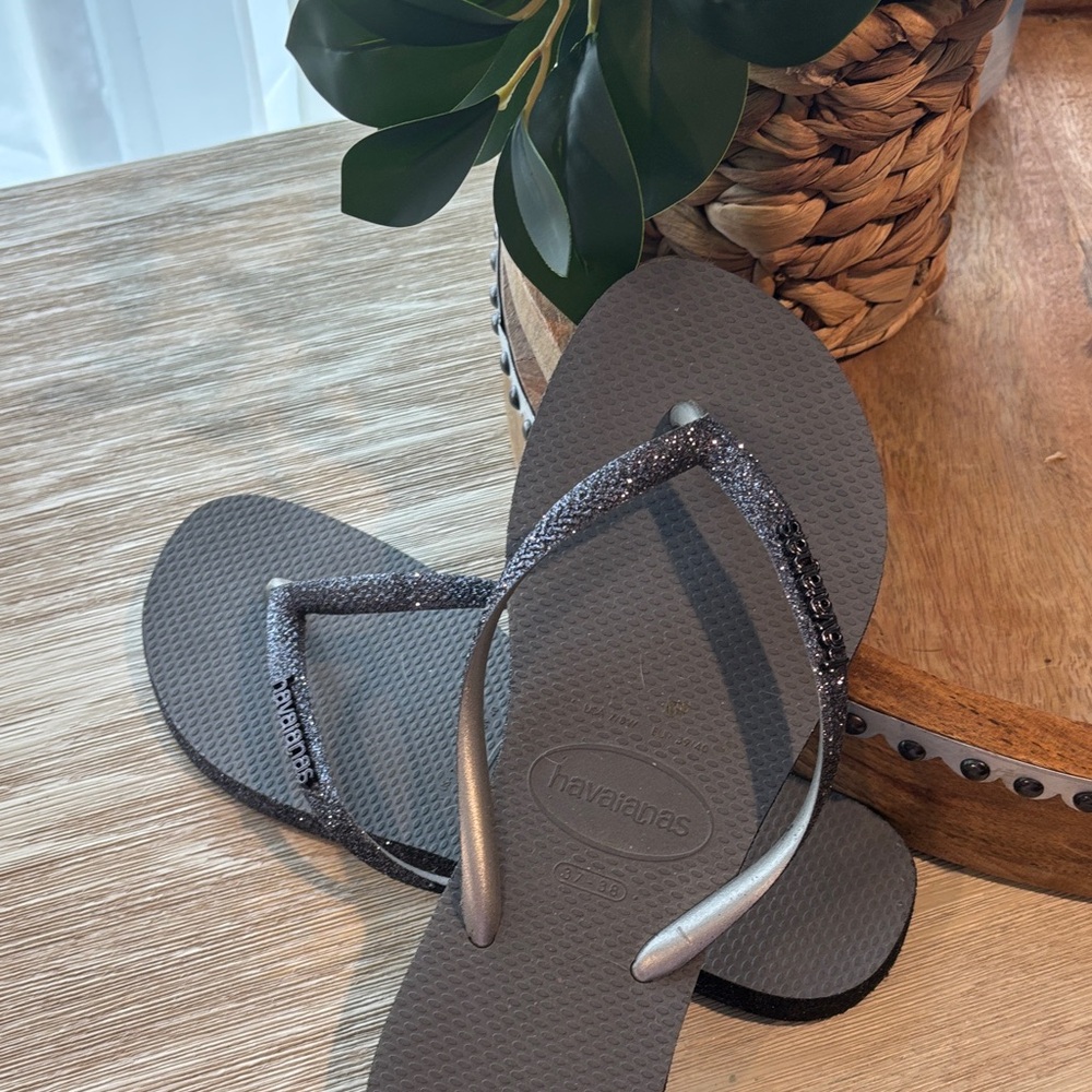Havaianas Charcoal Flip Flops with Metallic Straps